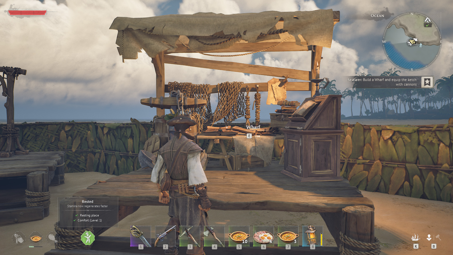 Windrose wharf crafting station with the Rested buff active showing comfort level