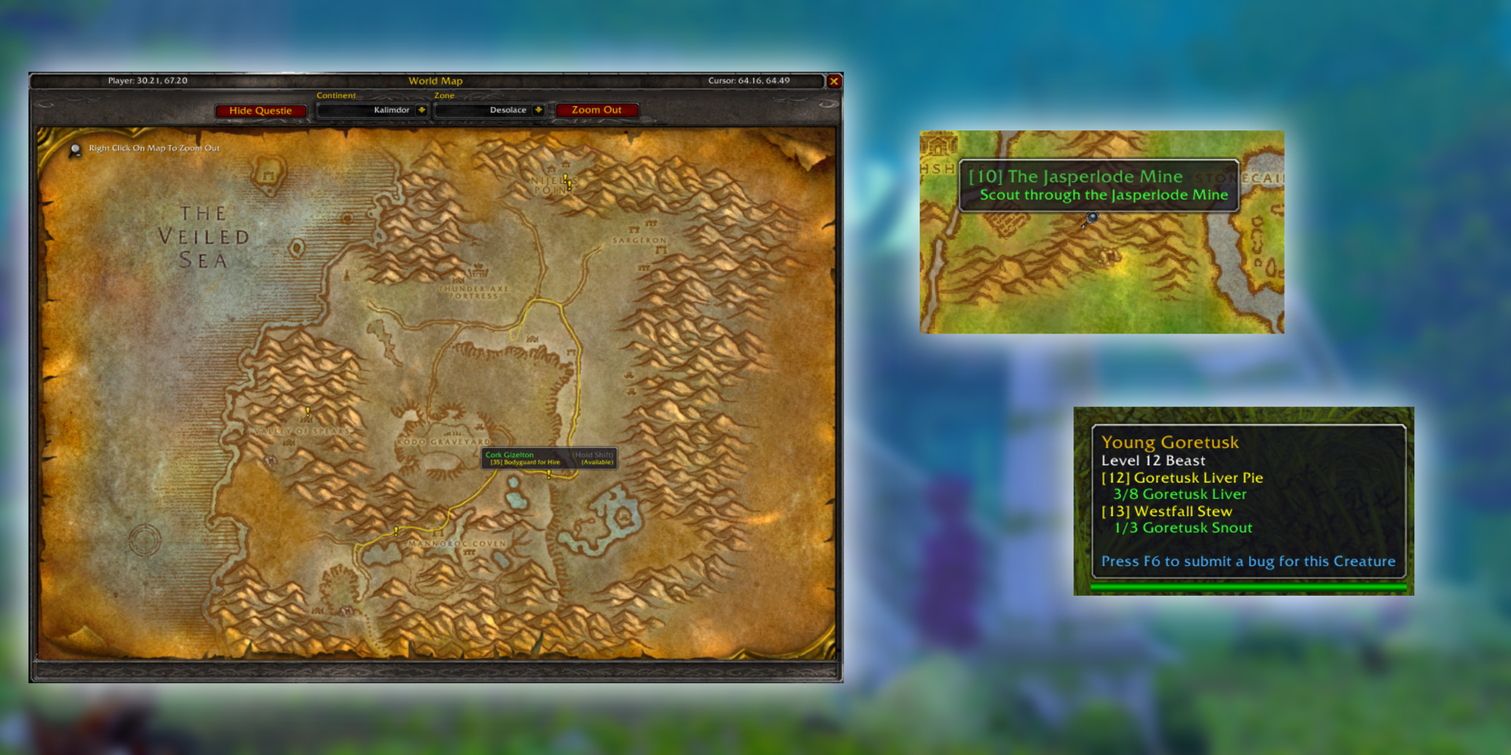 Questie WoW Classic addon showing world map quest markers and creature drop tooltips