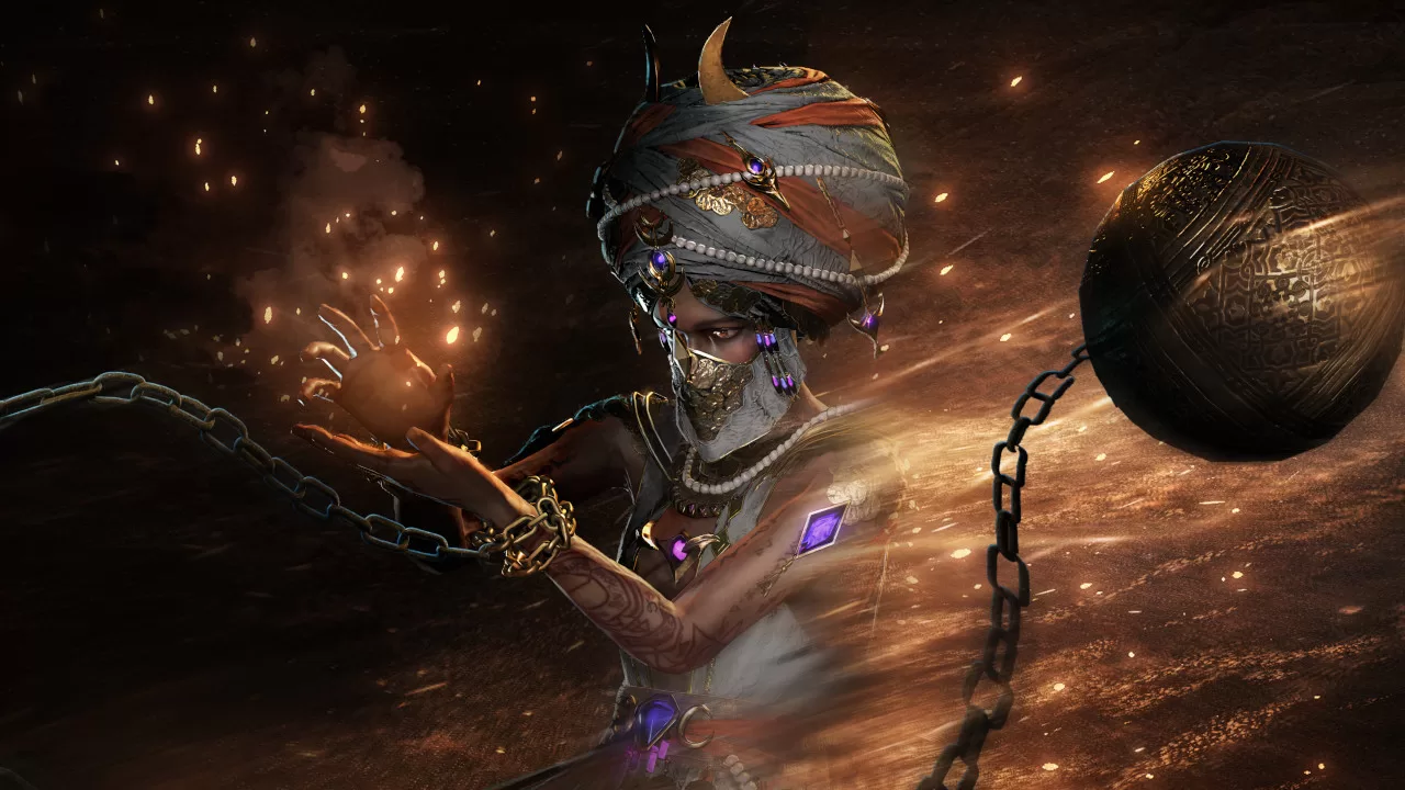Path of Exile Mirage league Djinn character with chained mystical orb representing the source of Coin of Power drops