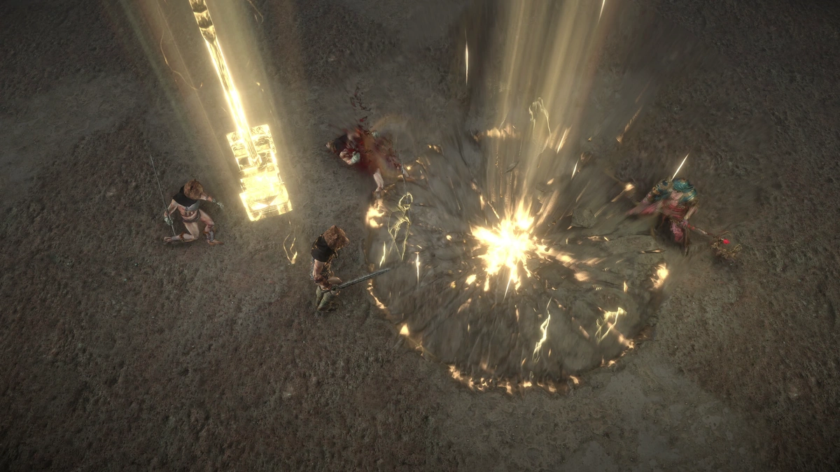 Path of Exile Mirage 3.28 strength-based melee skill creating golden hammer shockwave on enemies