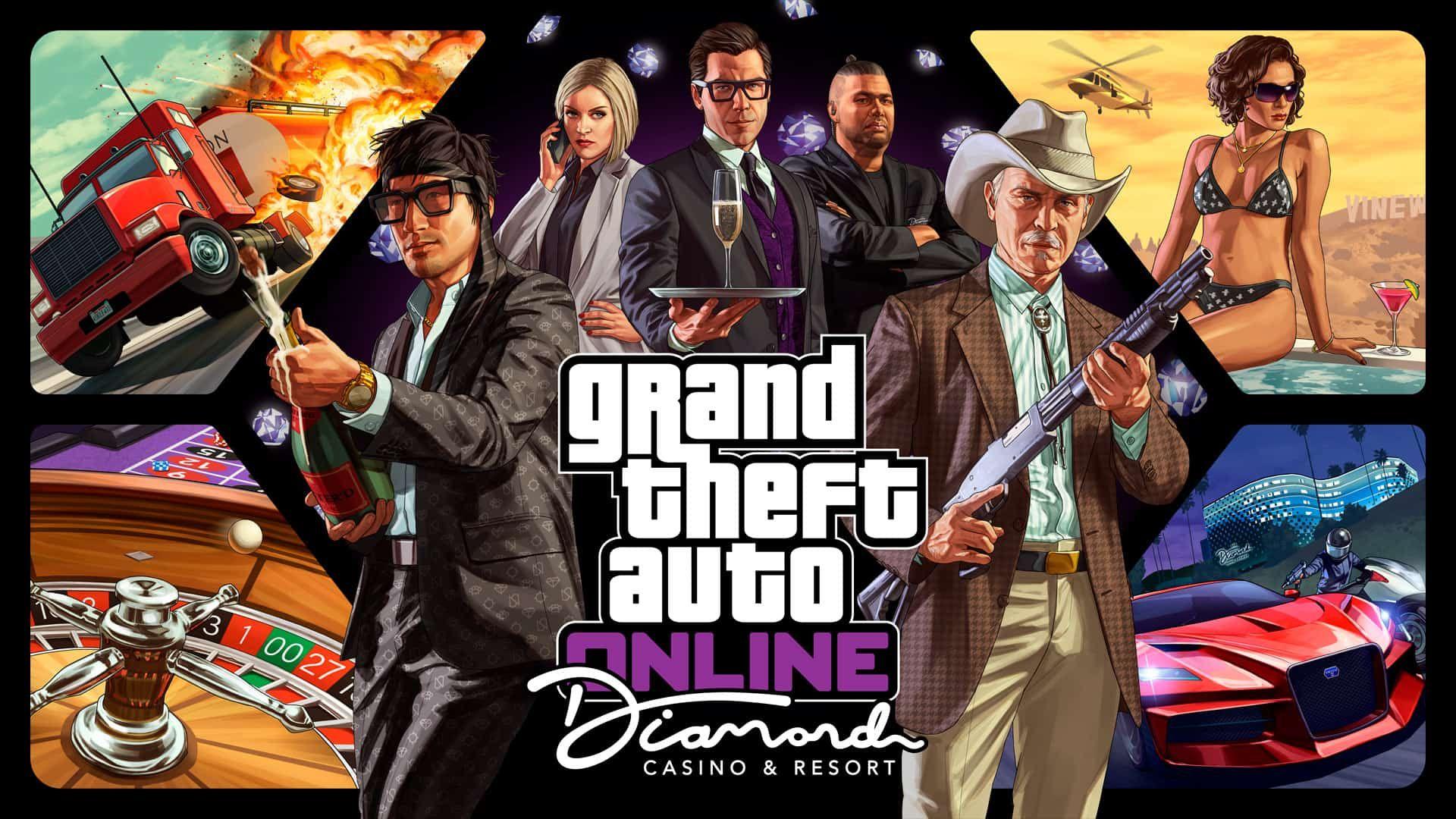 GTA Online Diamond Casino and Resort key art showing the heist crew and casino floor