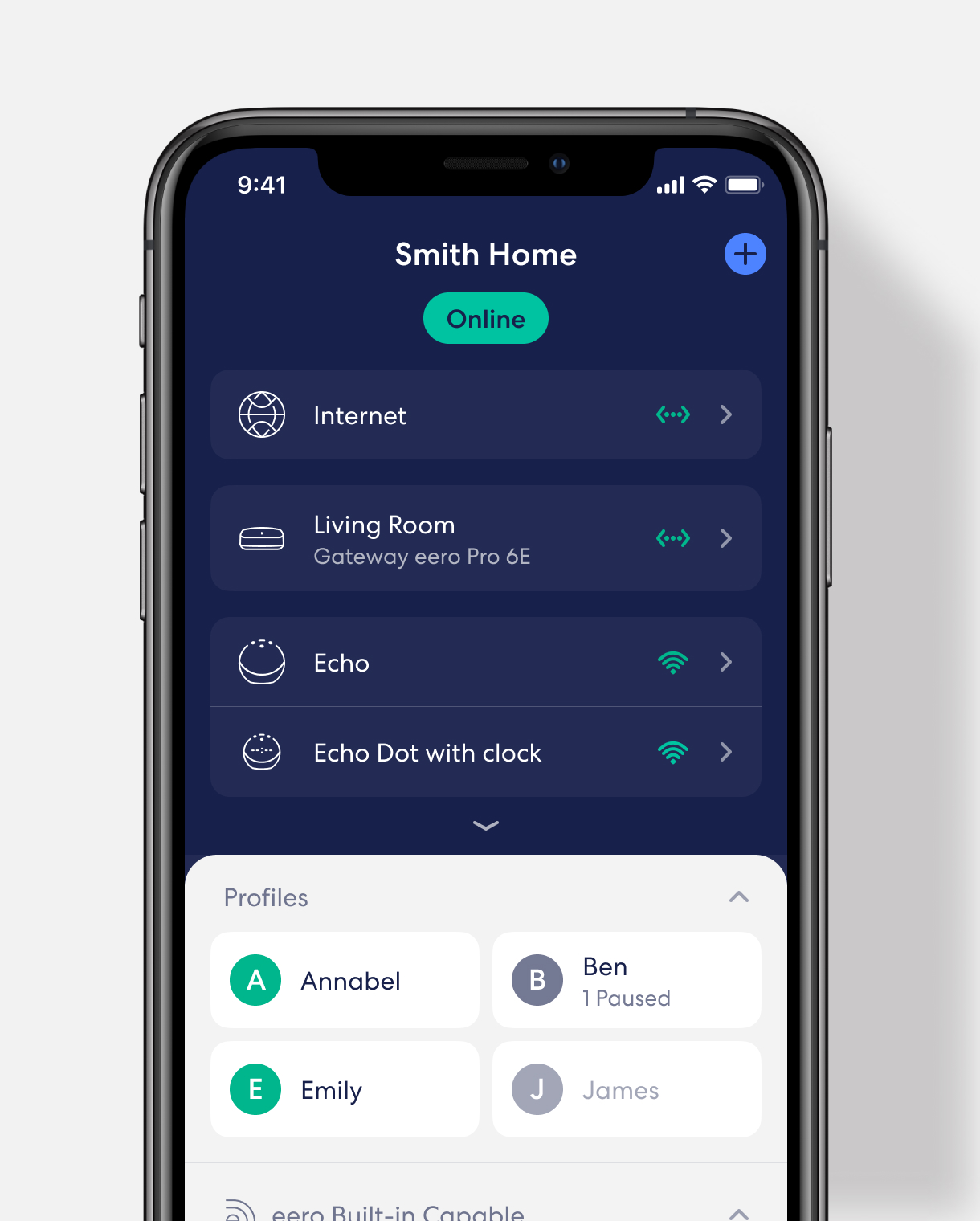 eero app showing home network status, devices, and parental control profiles