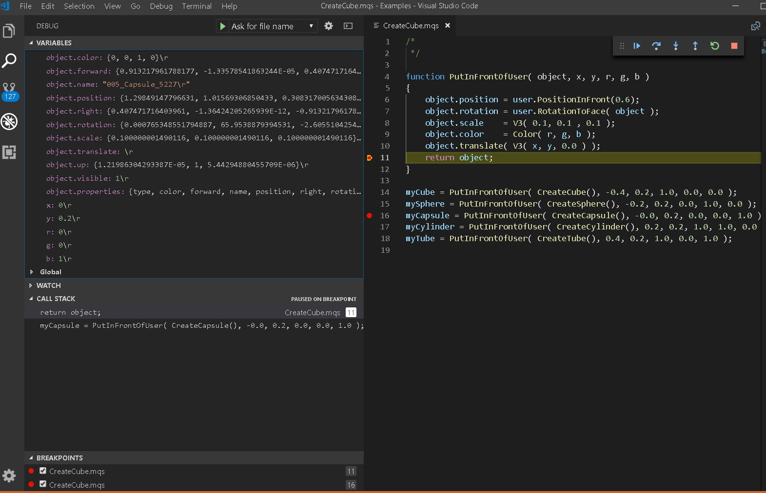 Code editor with a game script open during debugging