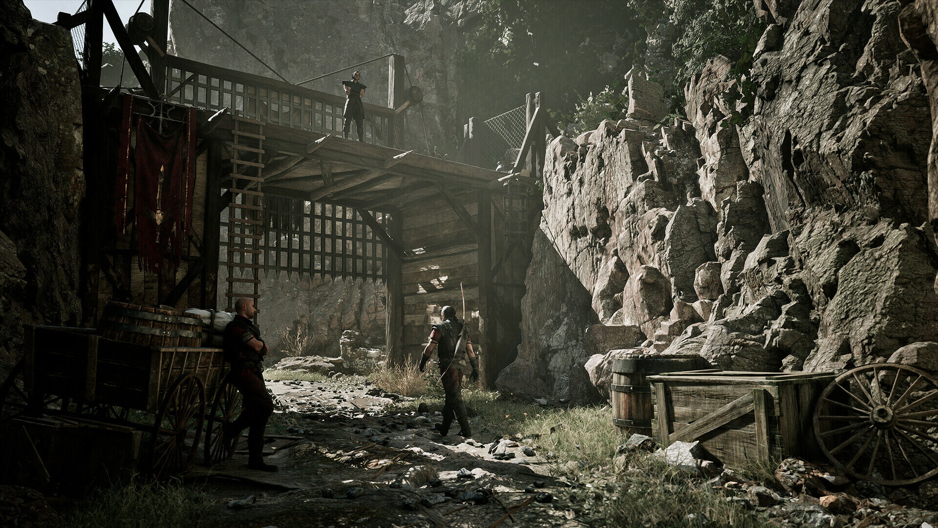 Gothic 1 Remake prison colony camp with NPCs and rocky terrain in the Valley of the Mines
