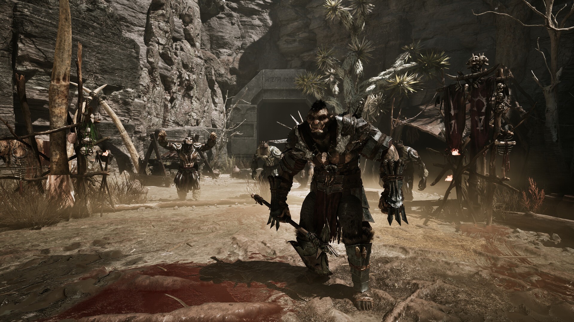 Gothic 1 Remake orc warrior in an orc camp with totems and banners