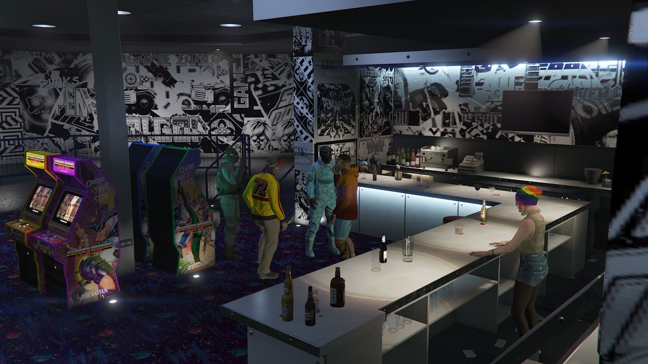 GTA Online arcade business interior with retro arcade machines and bar, the free Wonderama Arcade property