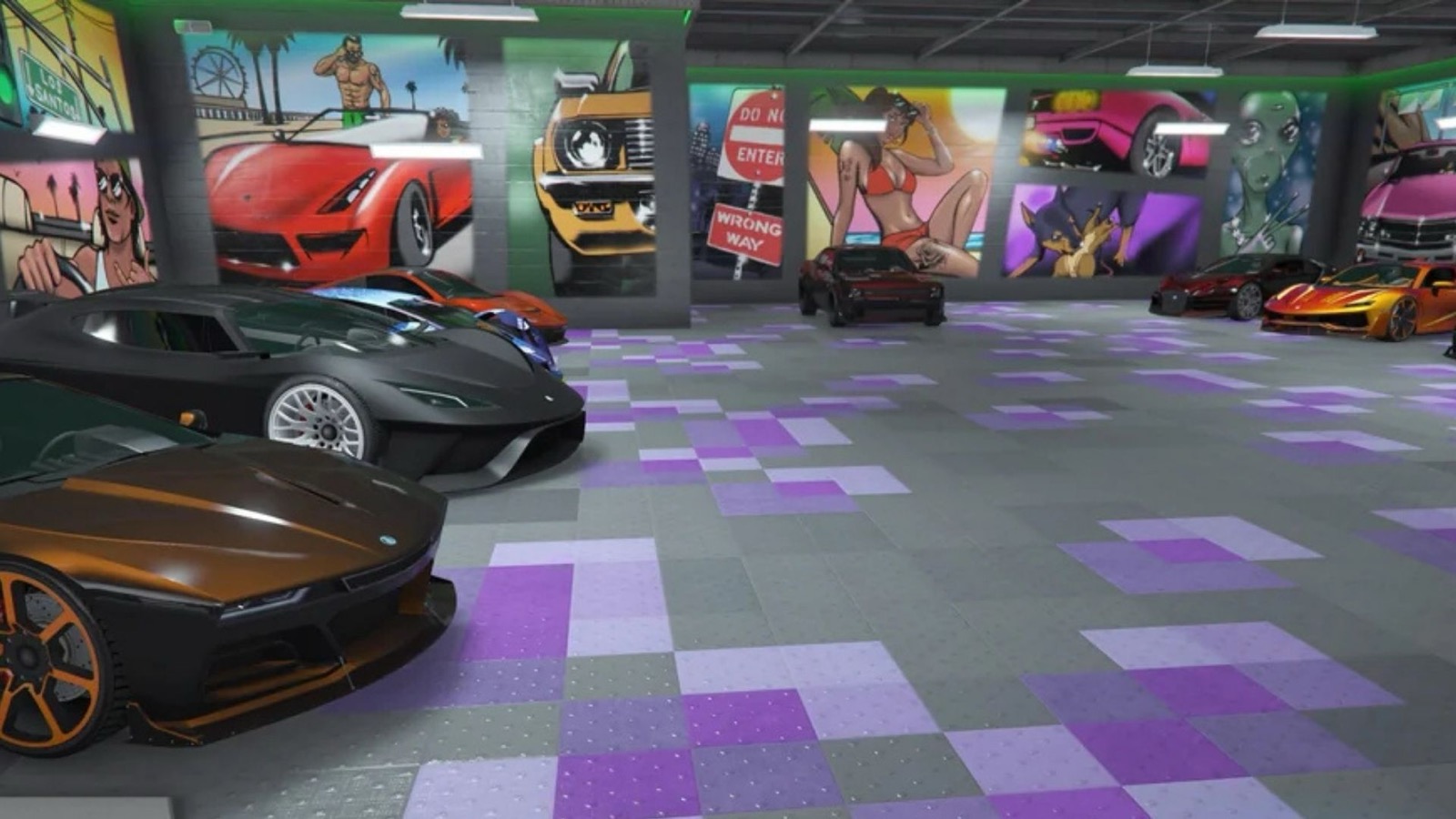 GTA Online Auto Shop garage interior with cars, the business that unlocks all car upgrades regardless of rank