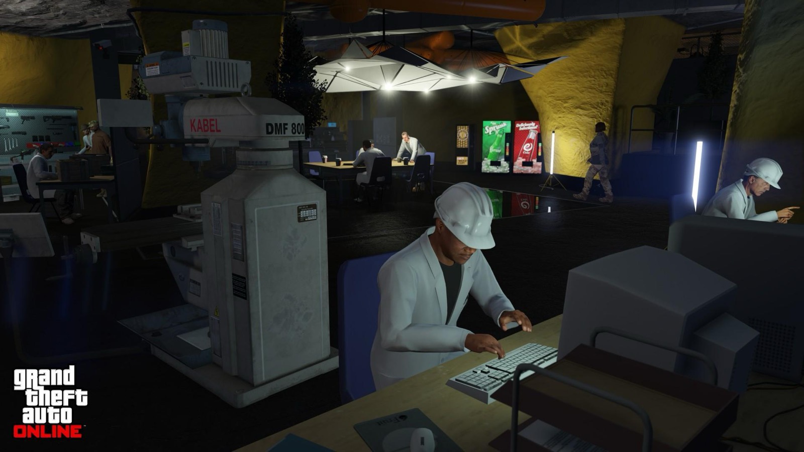 GTA Online Bunker business manufacturing floor with staff producing weapons stock