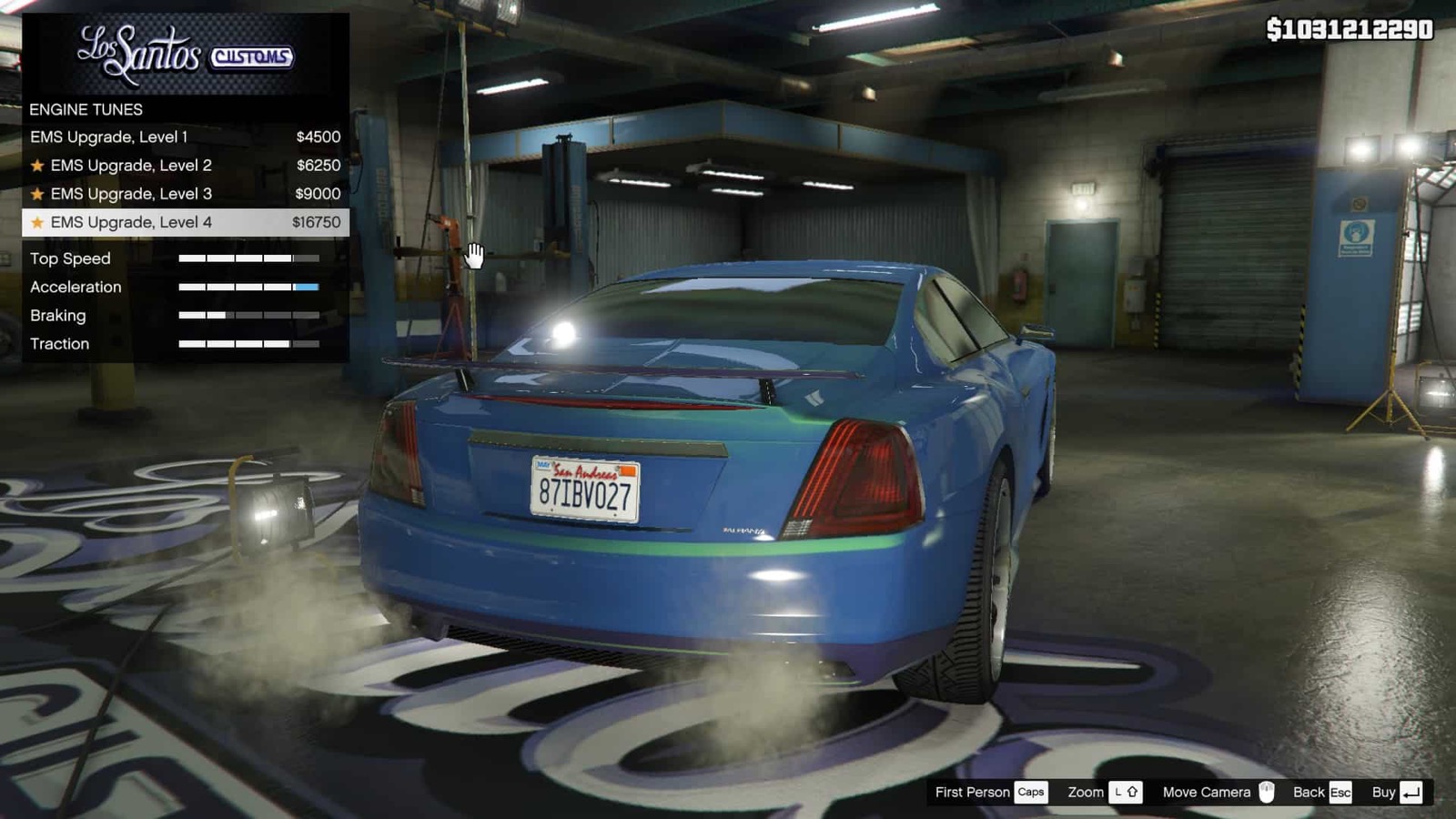 GTA Online Los Santos Customs Engine Tunes menu showing EMS Upgrade levels and prices