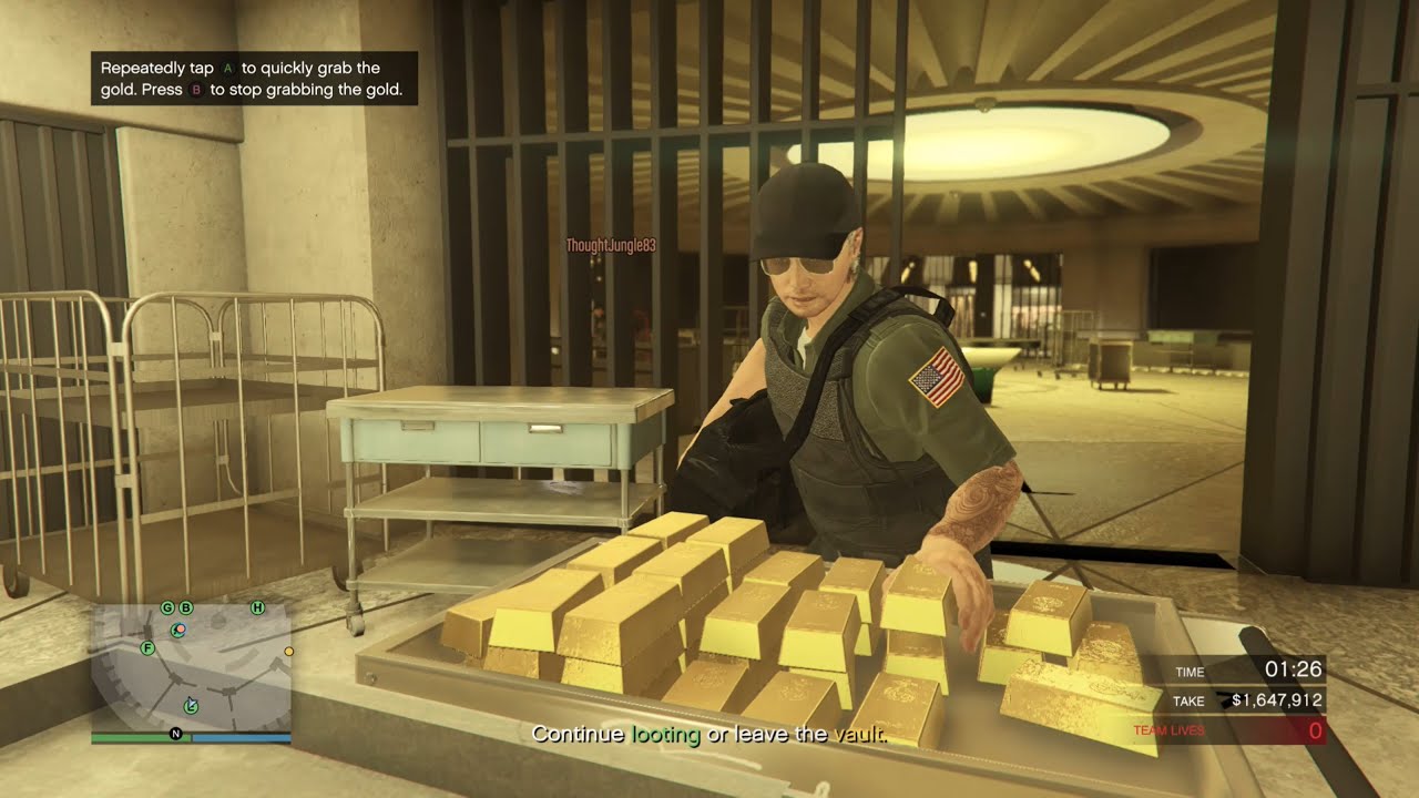 GTA Online Diamond Casino Heist vault with gold bars and a 1.6 million dollar take, unlocked by the arcade business