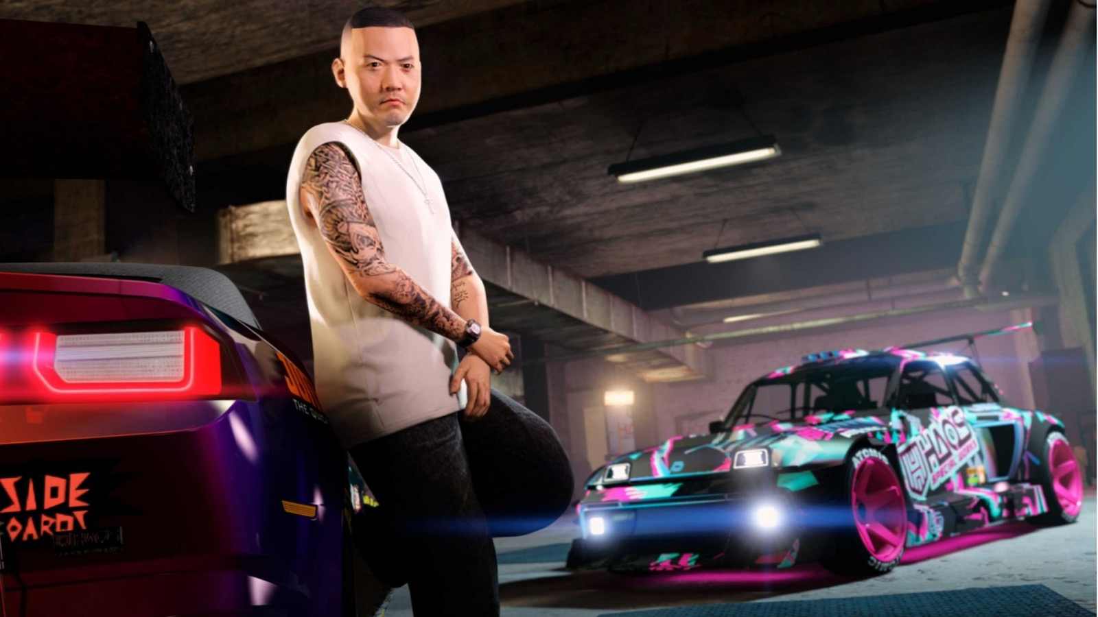 GTA Online Hao standing next to a Hao's Special Works liveried car at the LS Car Meet