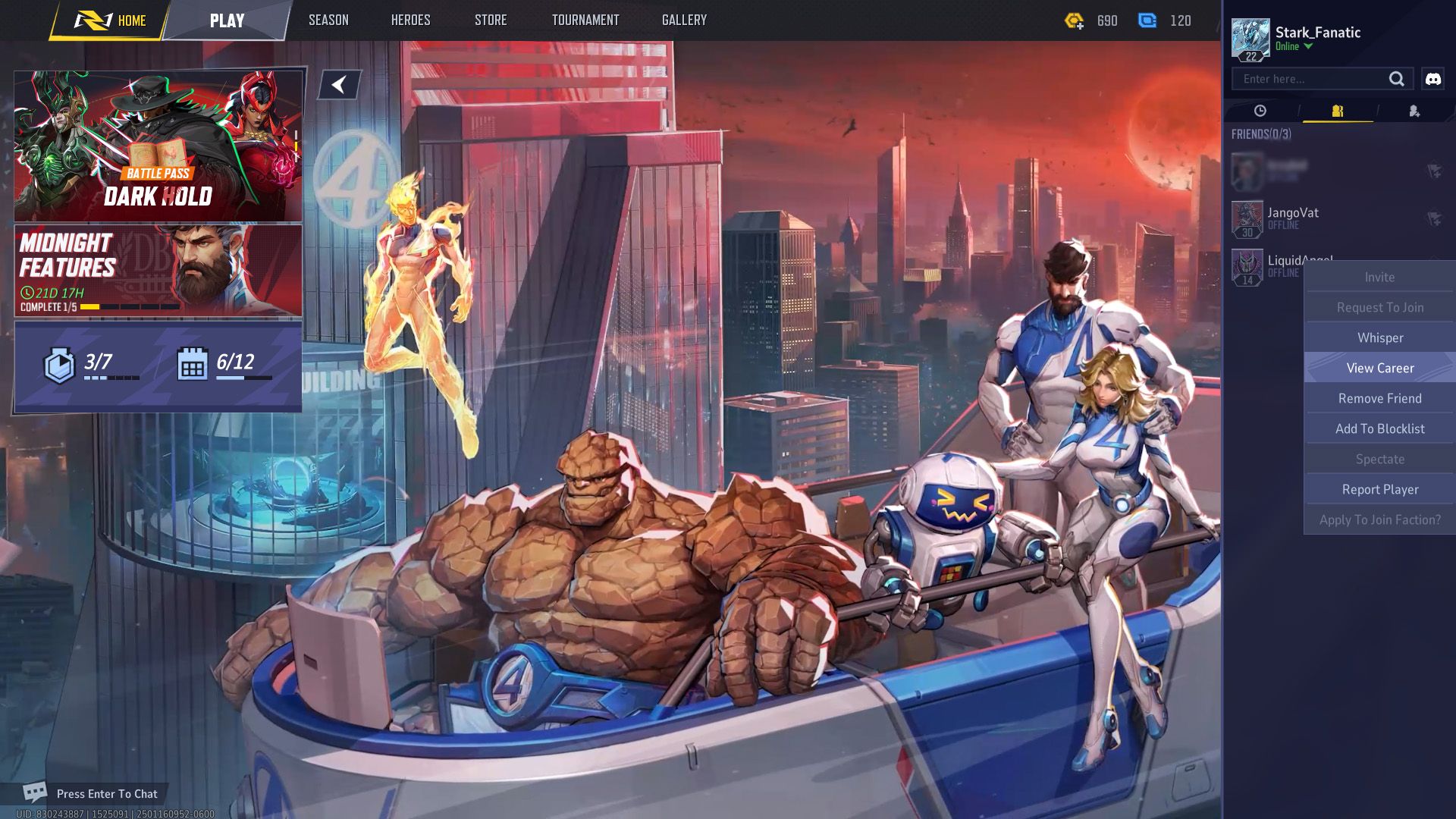 Marvel Rivals Season 8 menu showing heroes including the Fantastic Four