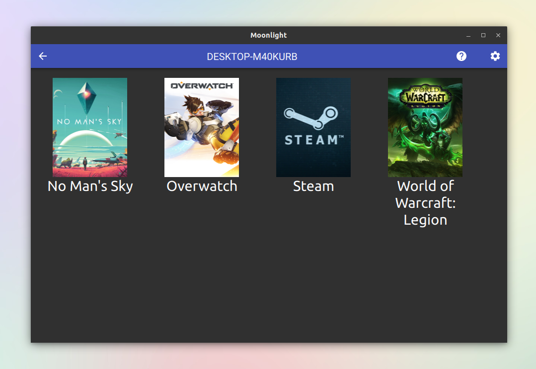 Moonlight streaming client showing PC games ready to stream from a host PC