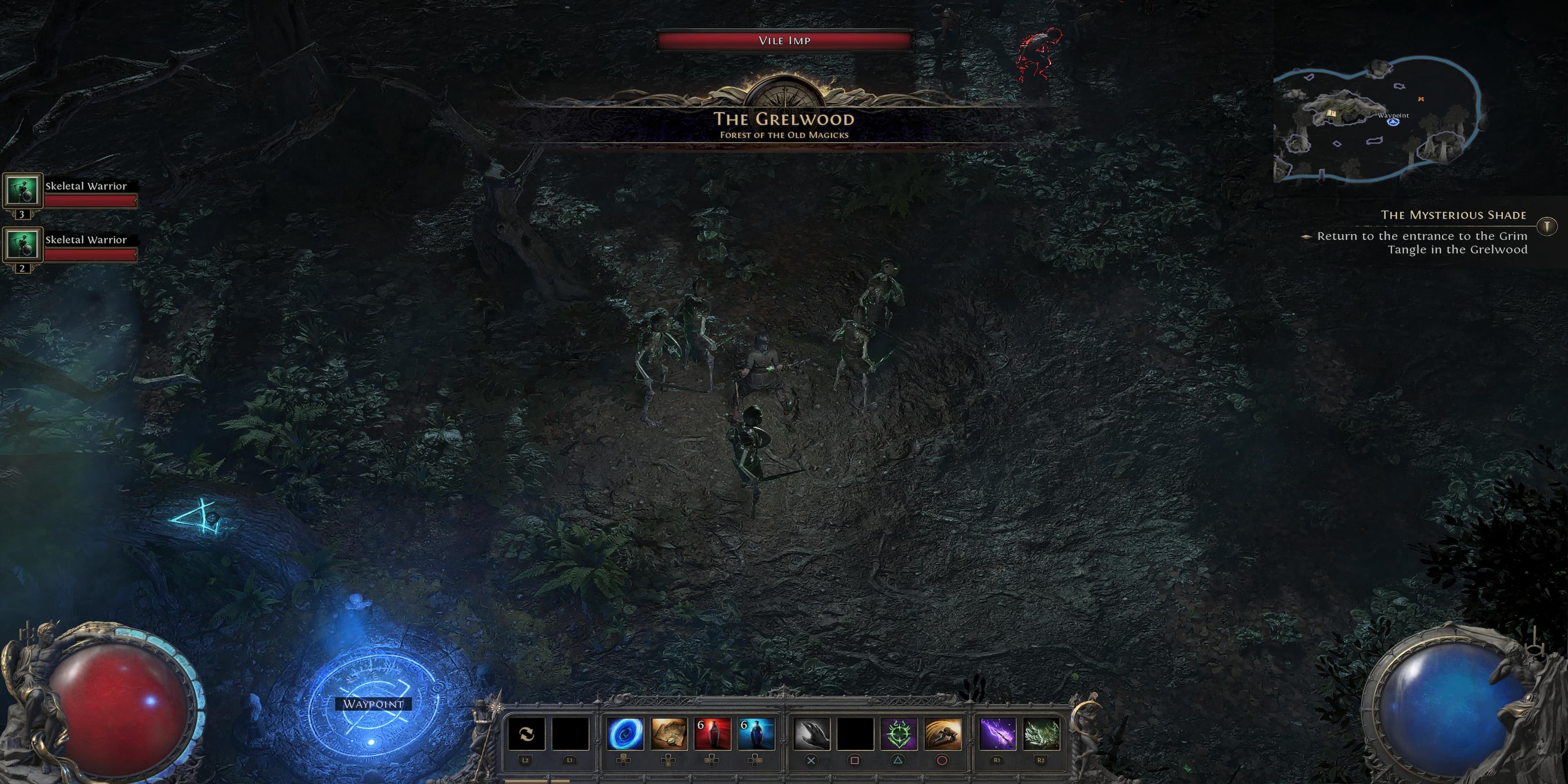 Path of Exile 2 Skeletal Warrior minions following the player, part of a 0.5 minion build