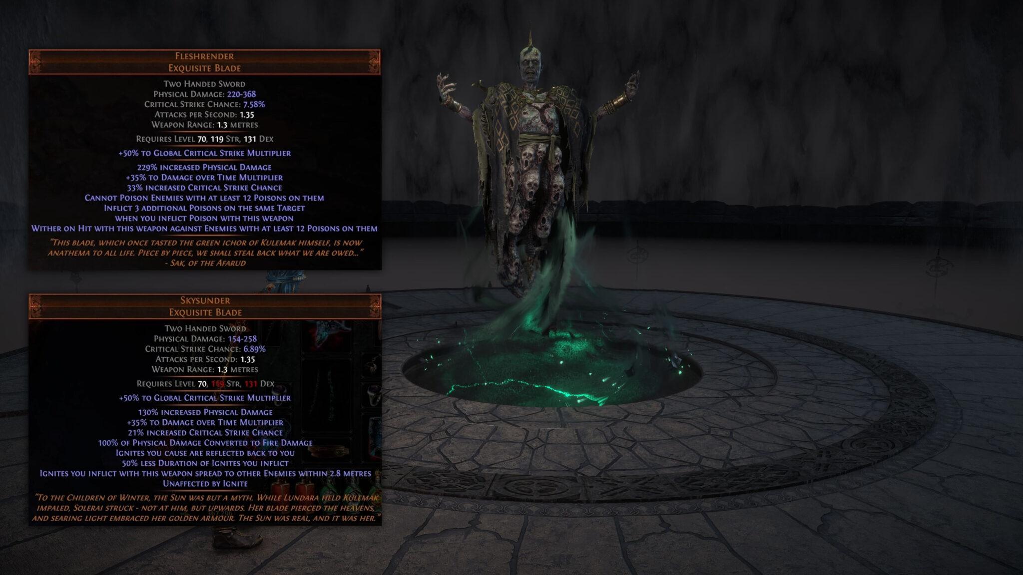 Fleshrender and Skysunder item tooltips comparing the Afarud and Maraketh forms of the same PoE unique