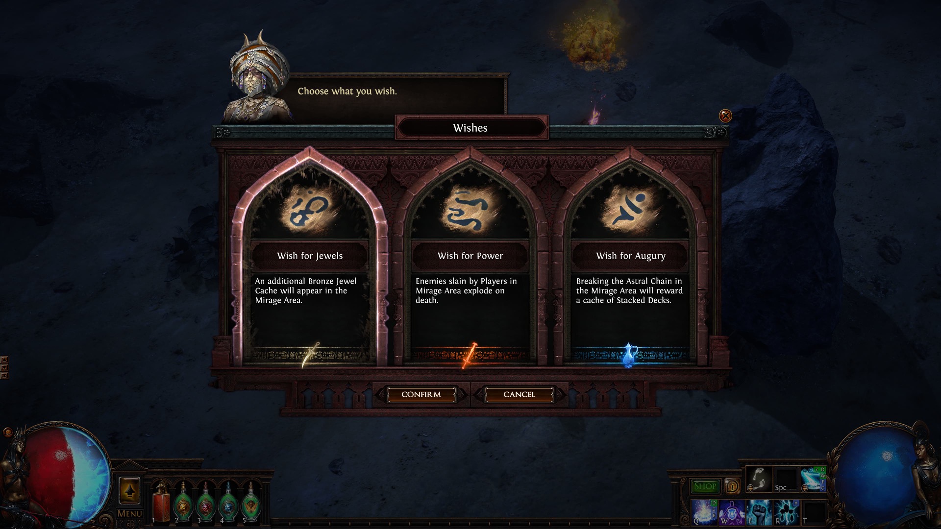 Path of Exile Mirage wish selection screen with three djinn wishes before entering a Mirage area