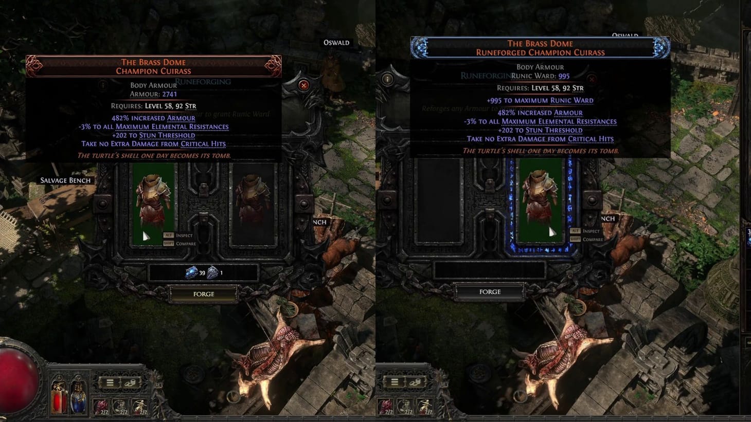 Path of Exile 2 Runeforging interface adding Runic Ward to body armour