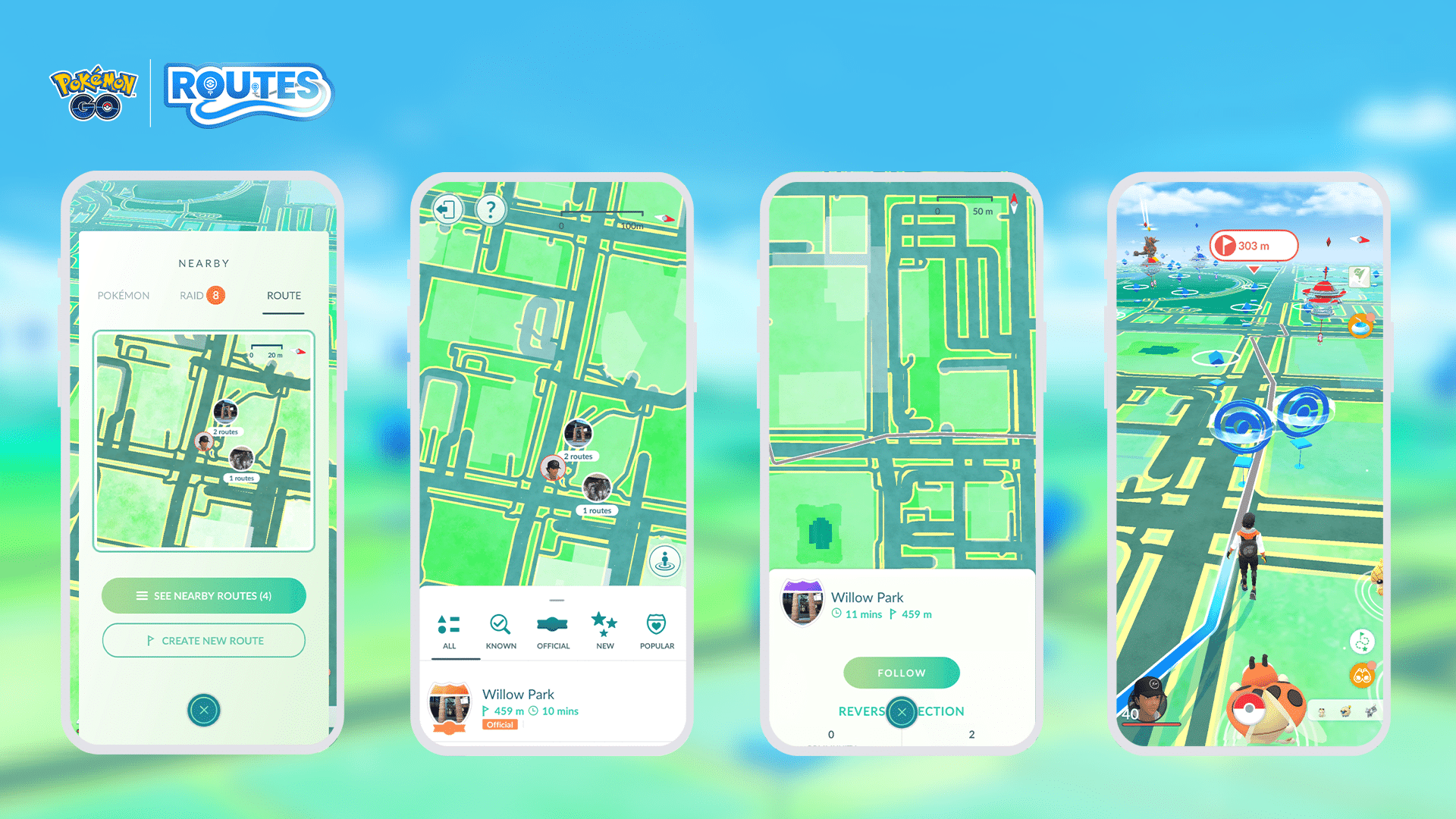 Pokemon GO Routes feature interface showing nearby routes and follow screens