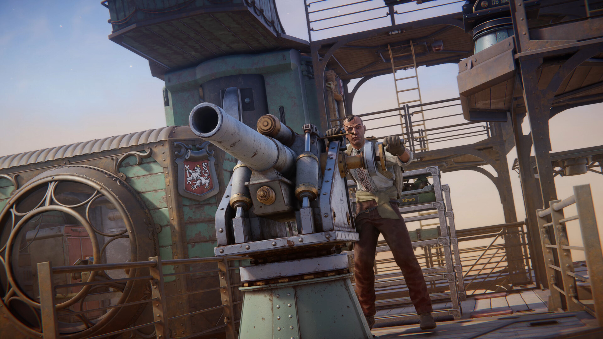 SAND Raiders of Sophie crew member firing an 80mm cannon mounted on a Trampler