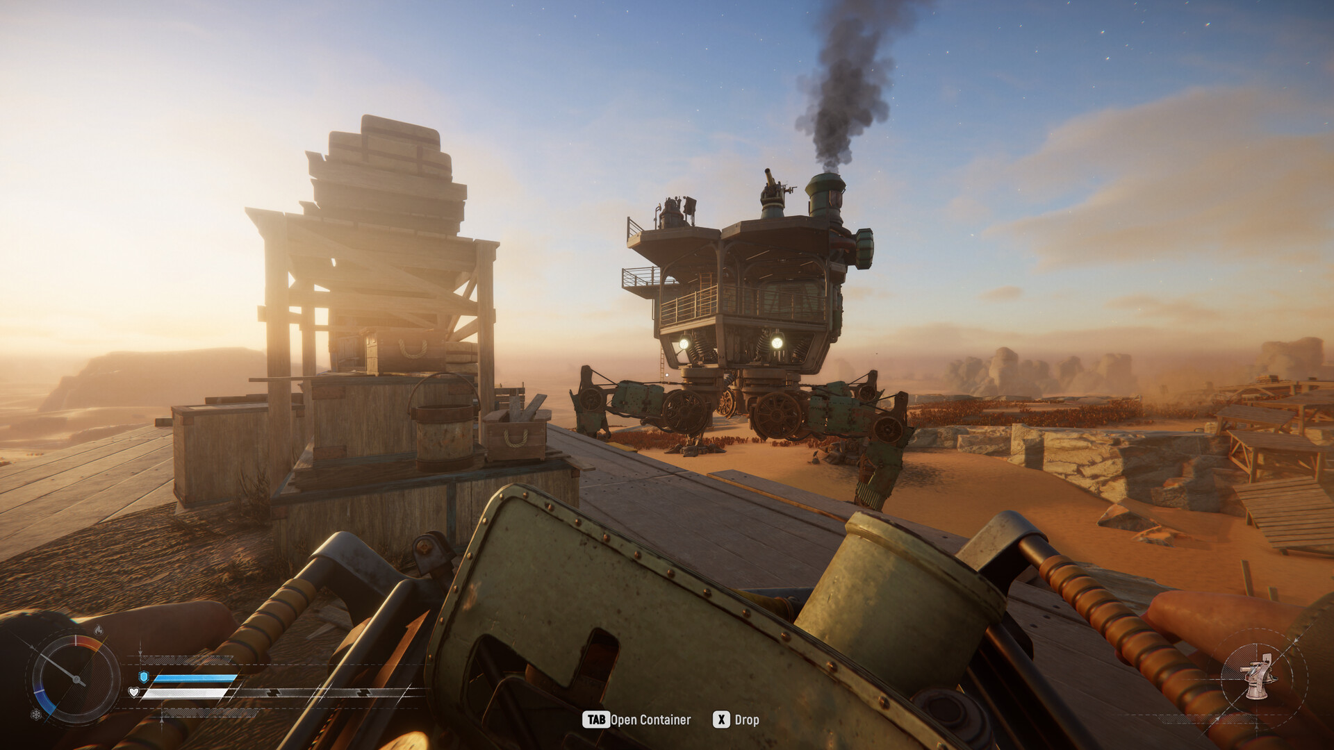SAND Raiders of Sophie first-person gameplay with a Trampler walking mech in the desert