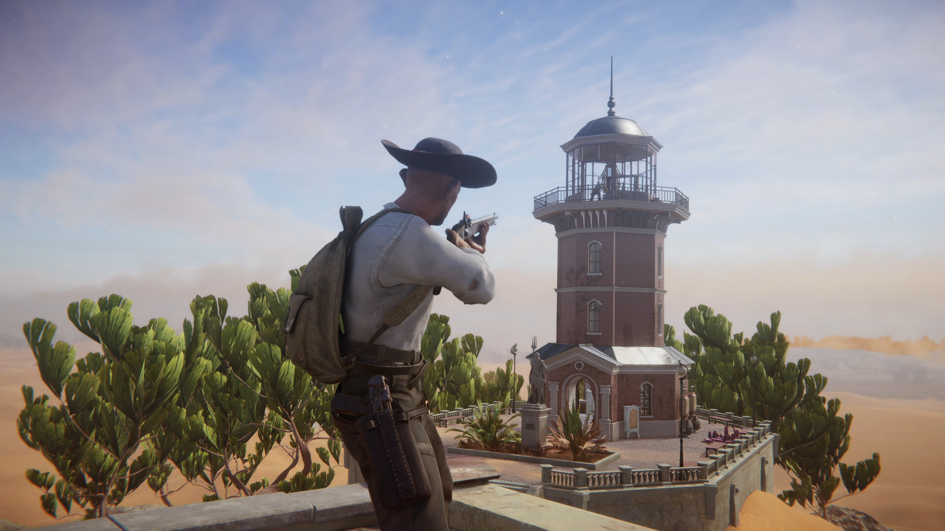 SAND Raiders of Sophie raider with a revolver scavenging a desert landmark