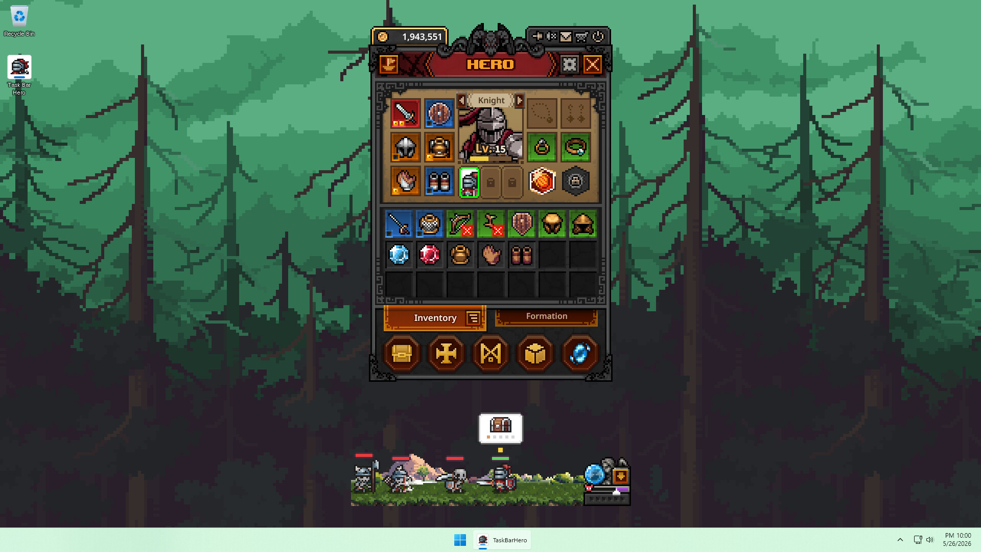 TBH Task Bar Hero hero panel showing gear, formation, and skills used to build each class