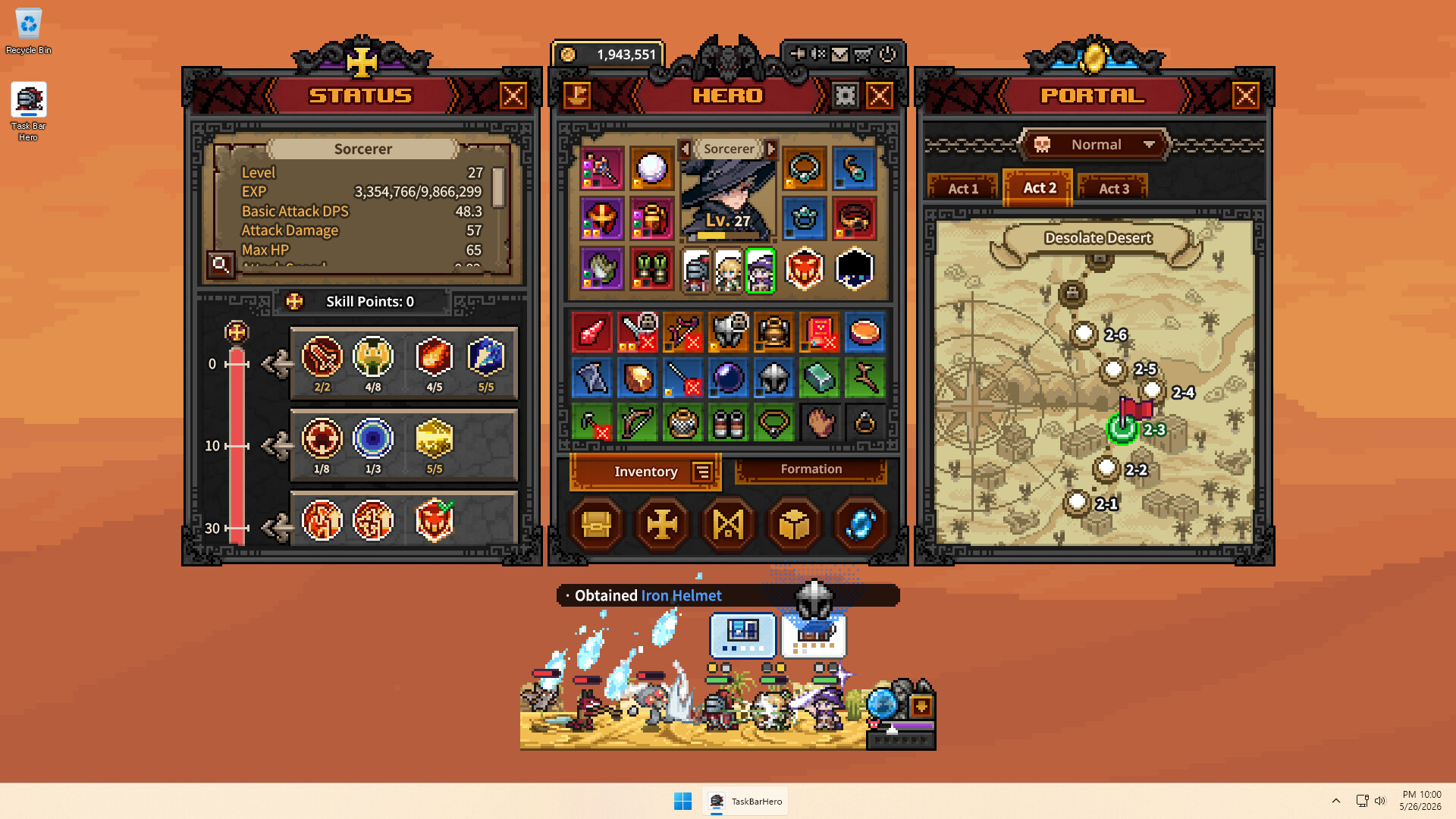 TBH Task Bar Hero loot drop and Act portal map used to farm sellable items