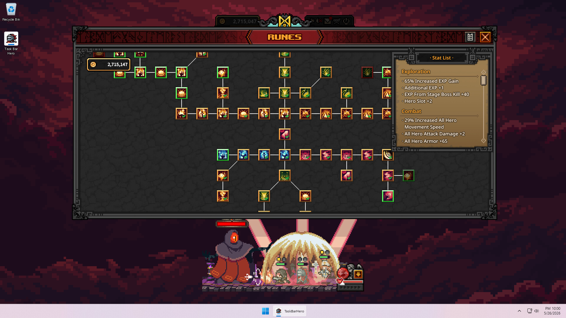 TBH Task Bar Hero Runes skill tree and EXP stat boosts for faster farming