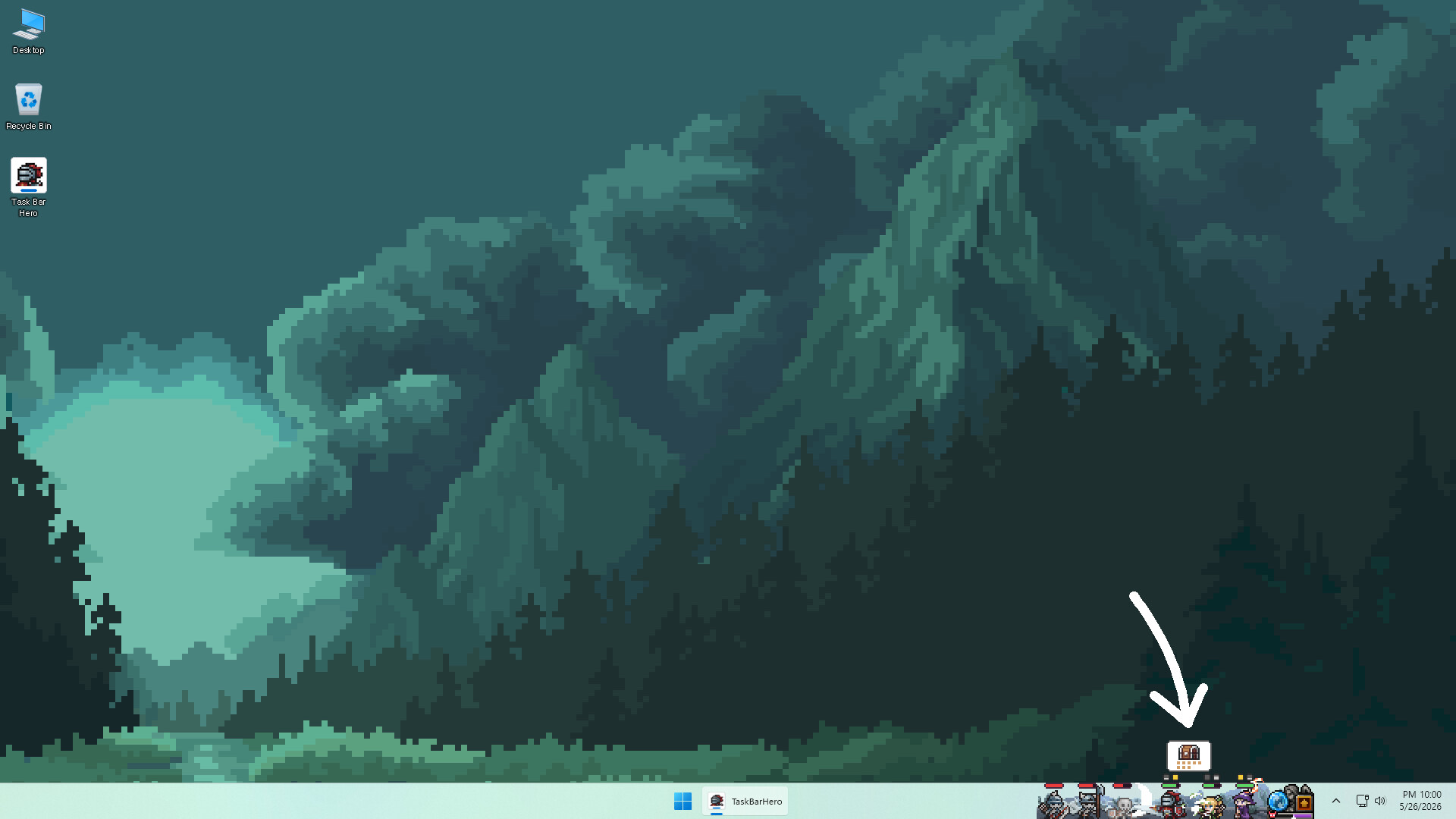 TBH Task Bar Hero running idle in the Windows taskbar while heroes farm loot
