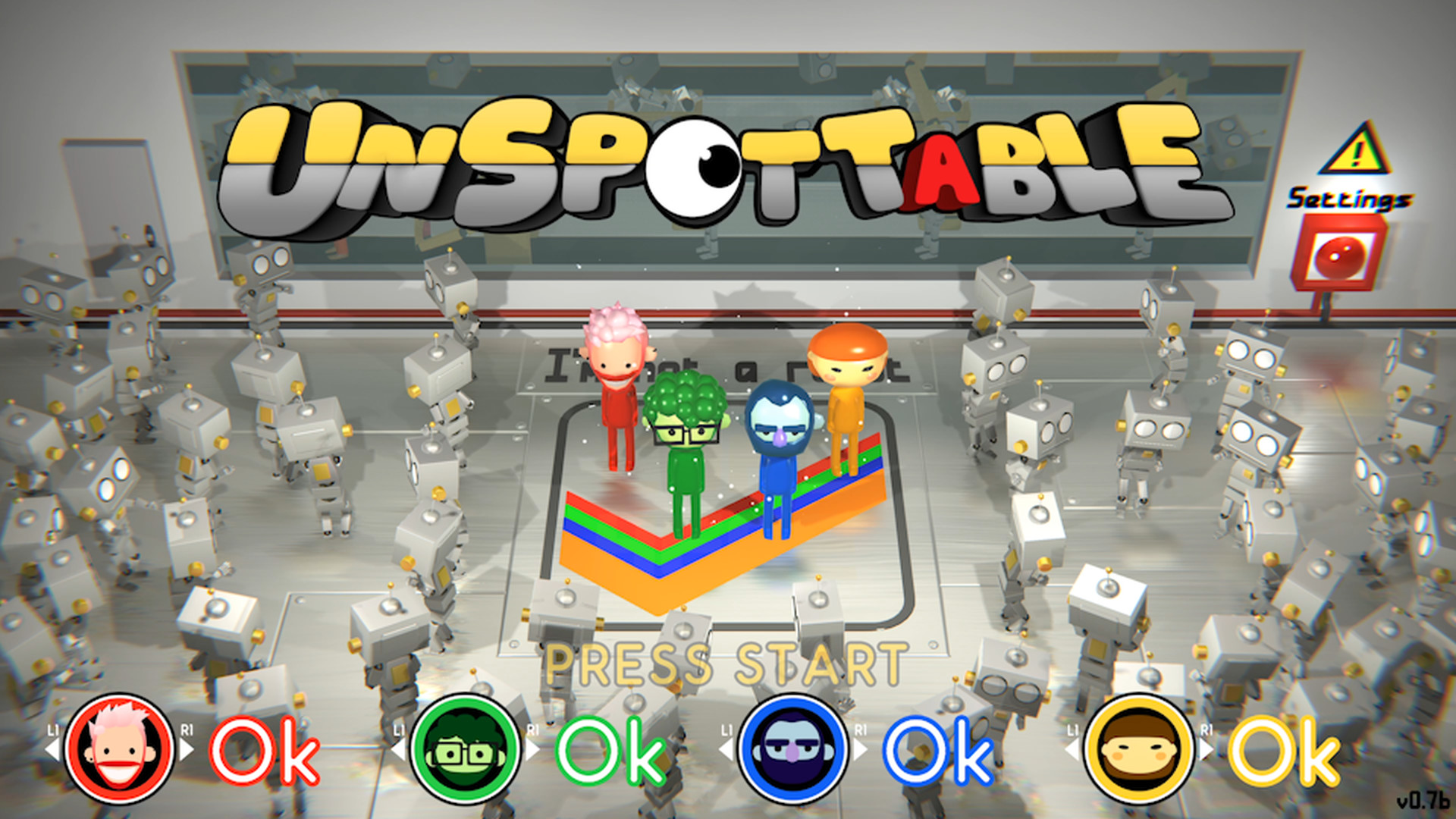 Unspottable players hiding in a crowd of identical robots in couch multiplayer