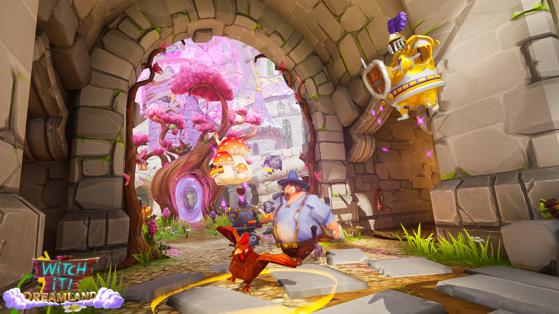 Witch It hunters searching a colorful village for witches disguised as props