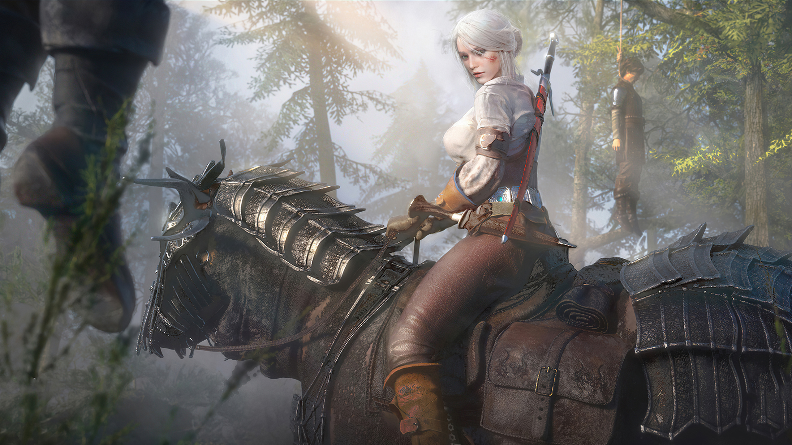 Ciri riding through a forest in The Witcher 3, the daughter Geralt searches for