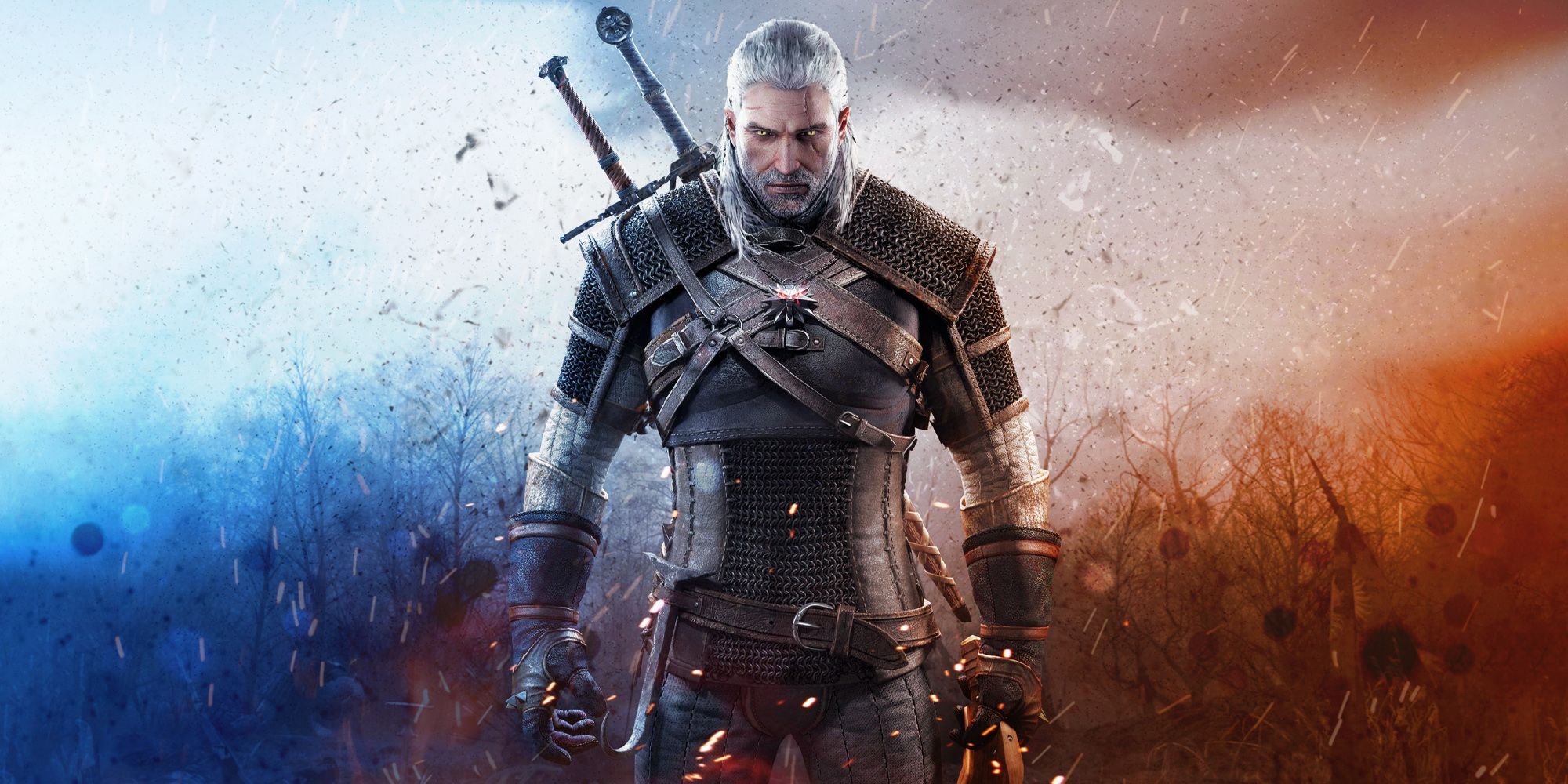 Geralt in armor, the kind added by the free Witcher 3 armor set DLCs