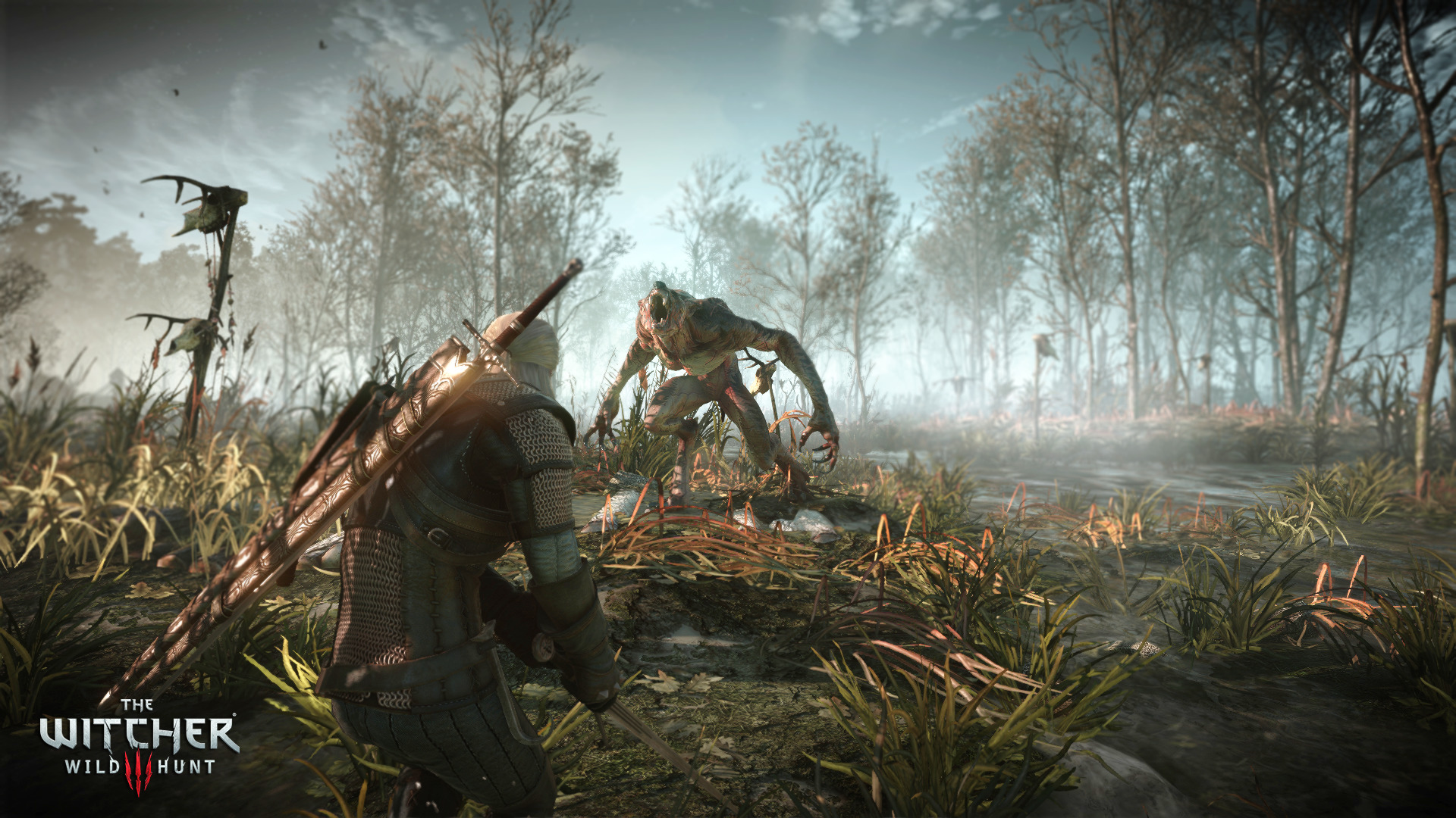 Geralt fighting a swamp monster in Velen, the kind of fight in the free Witcher 3 contract quests