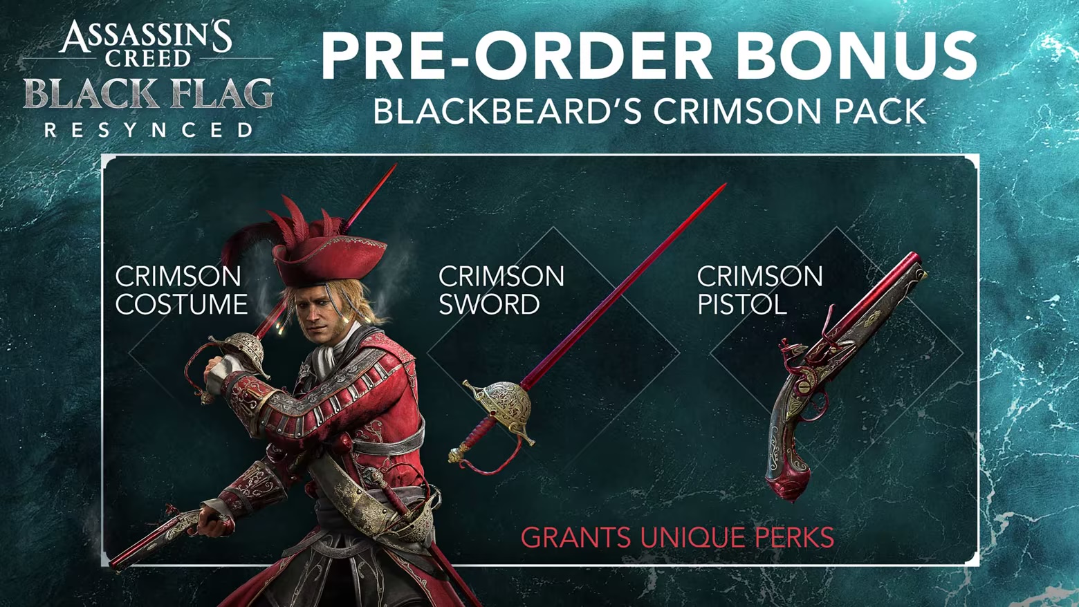 Blackbeard's Crimson Pack pre-order bonus with Crimson Costume, Sword, and Pistol in Black Flag Resynced