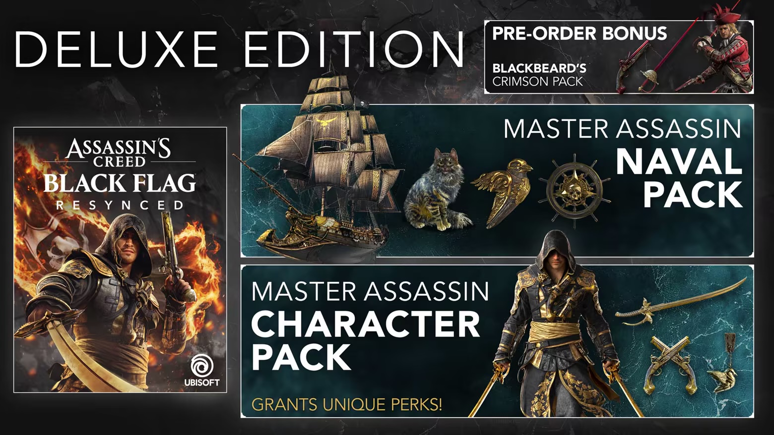 Black Flag Resynced Deluxe Edition contents showing the Master Assassin Naval Pack and Character Pack