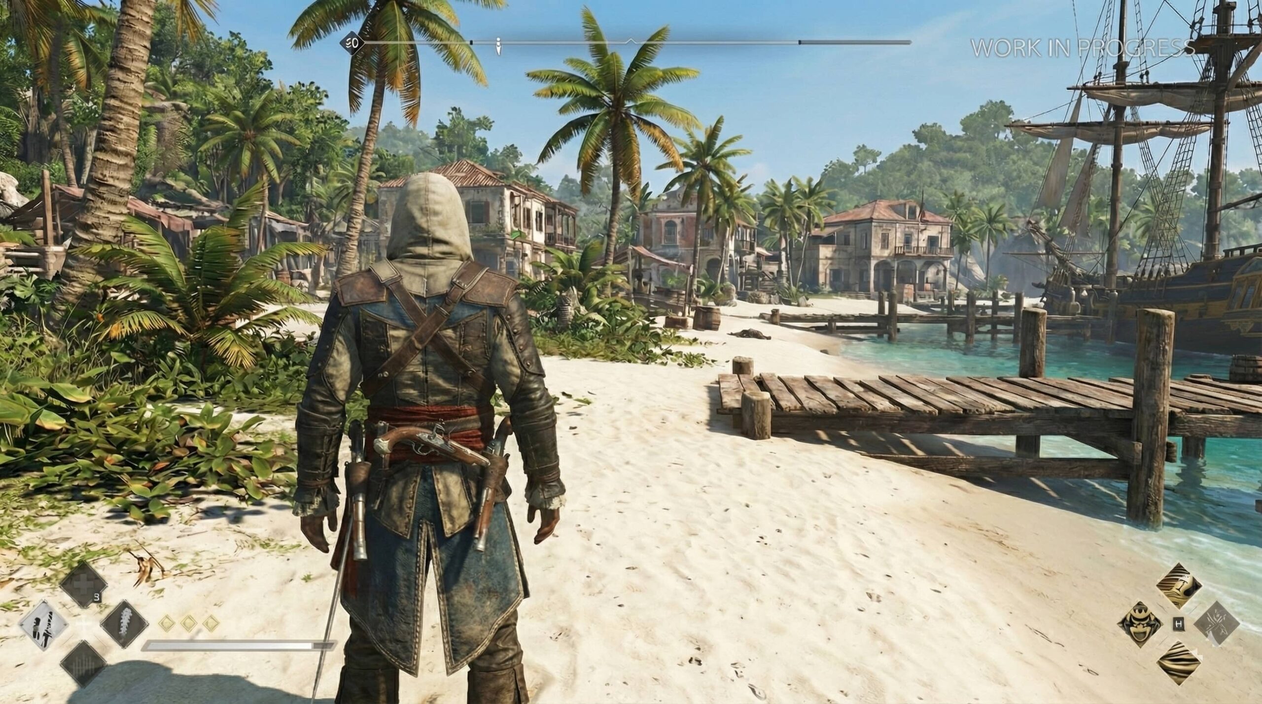 Black Flag Resynced gameplay showing the redesigned HUD on a Caribbean beach