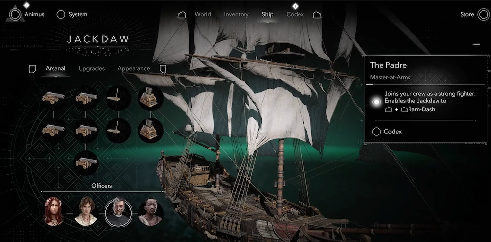 Black Flag Resynced Jackdaw ship menu showing the Padre officer granting Ram Dash