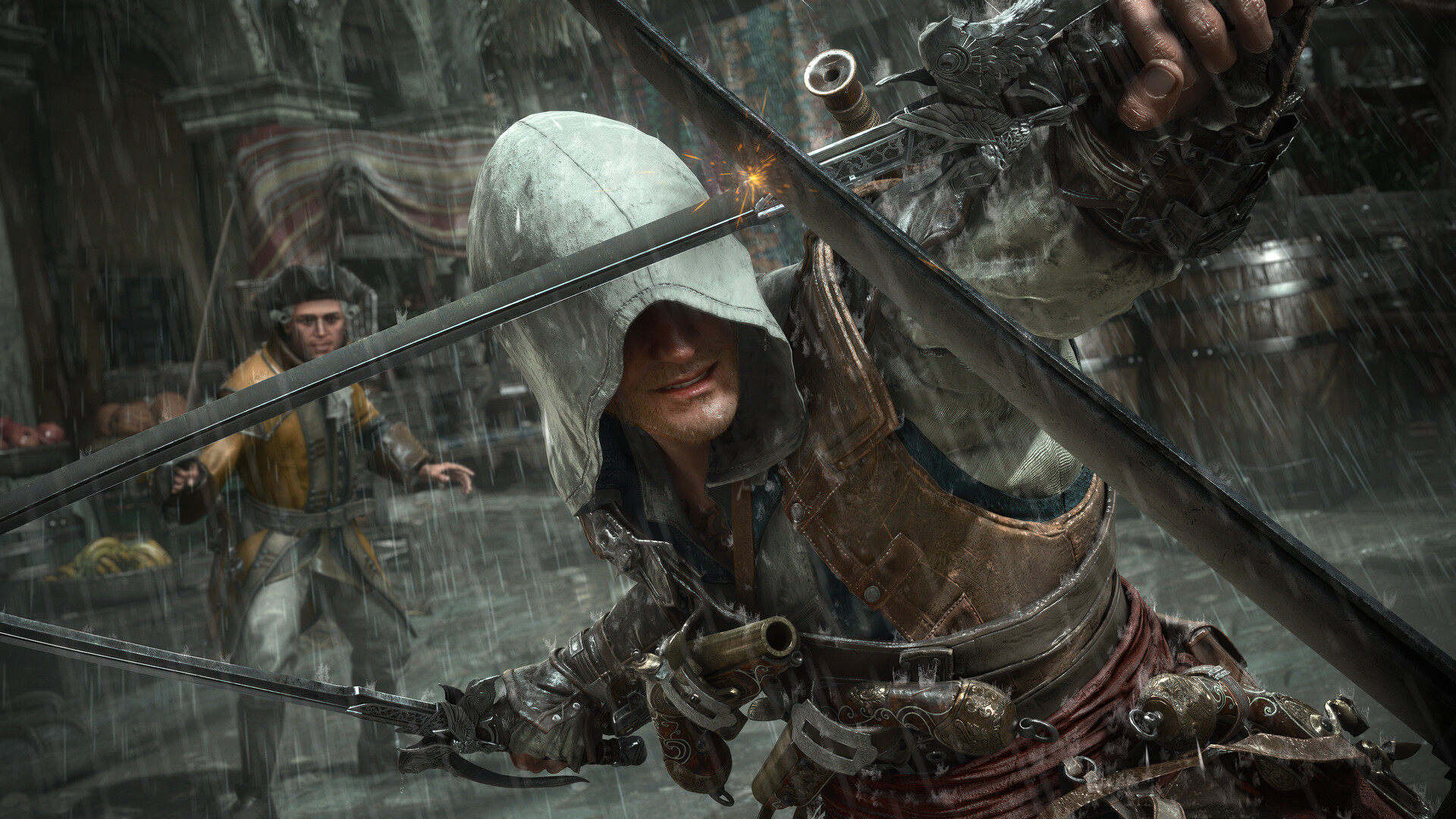 Edward Kenway parrying swords in the rain in Black Flag Resynced combat