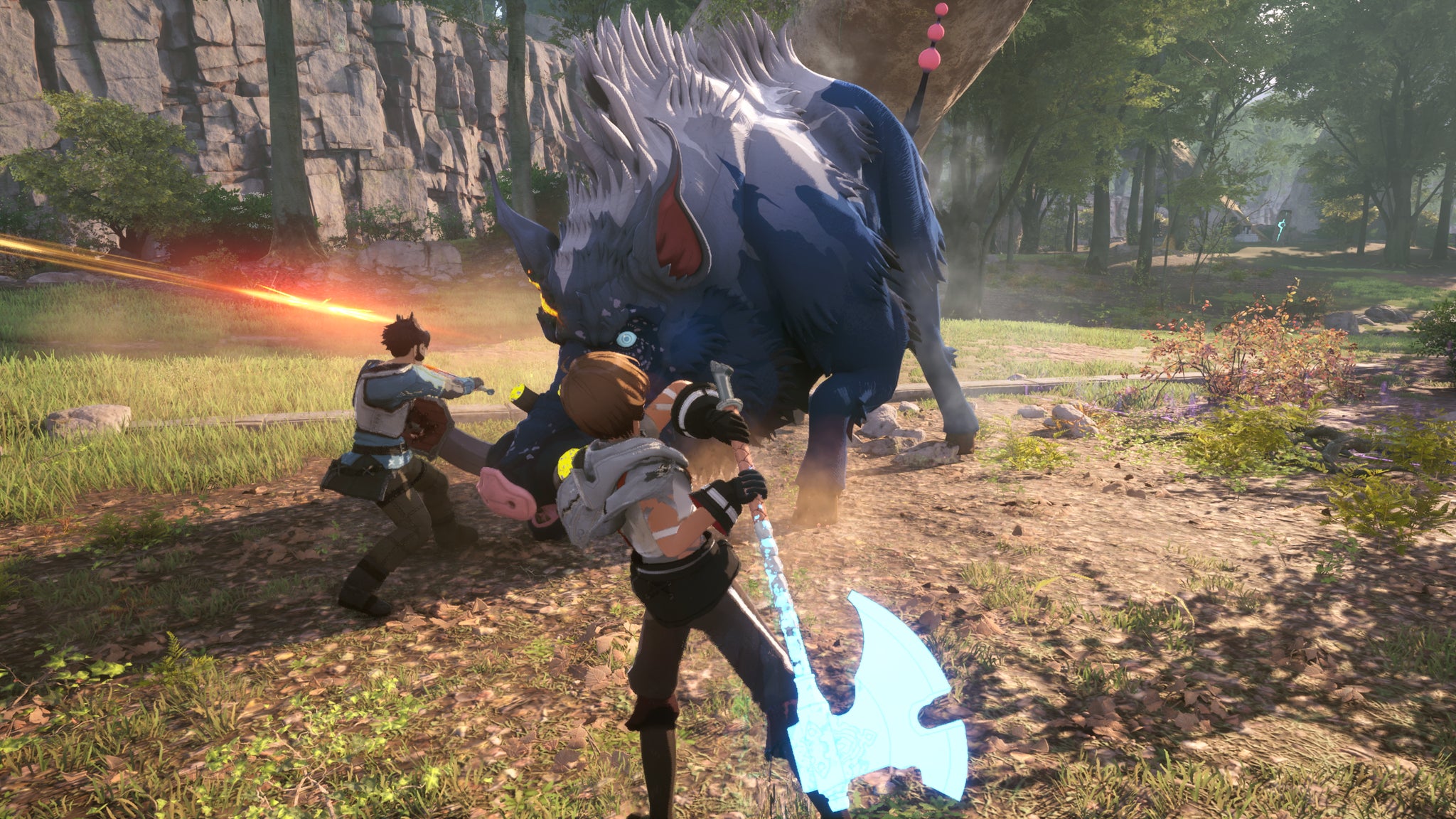 Echoes of Aincrad players fighting a boss with sword and shield and a two-handed axe