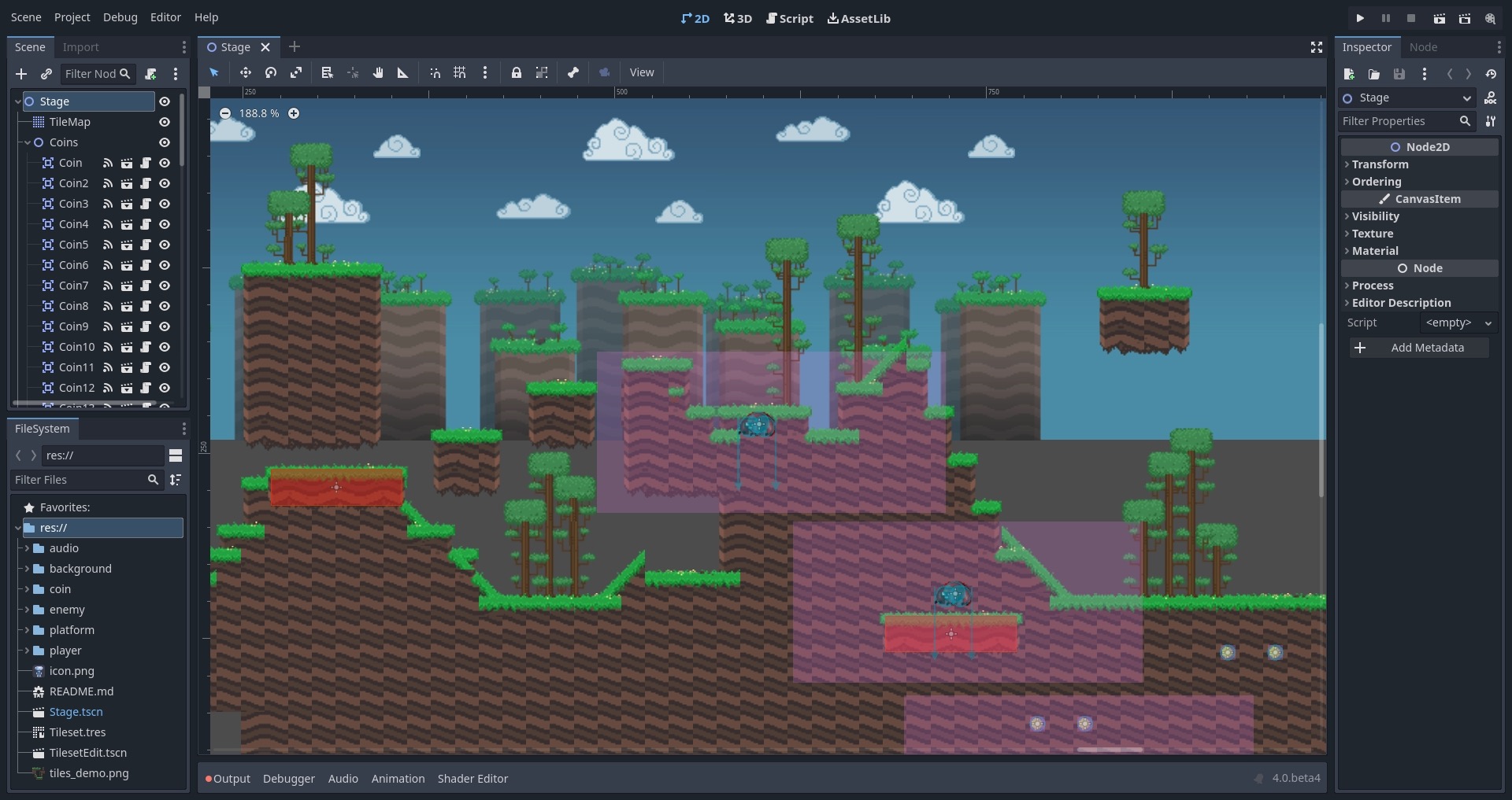 Godot 4 editor showing a 2D platformer scene with a TileMap and node tree