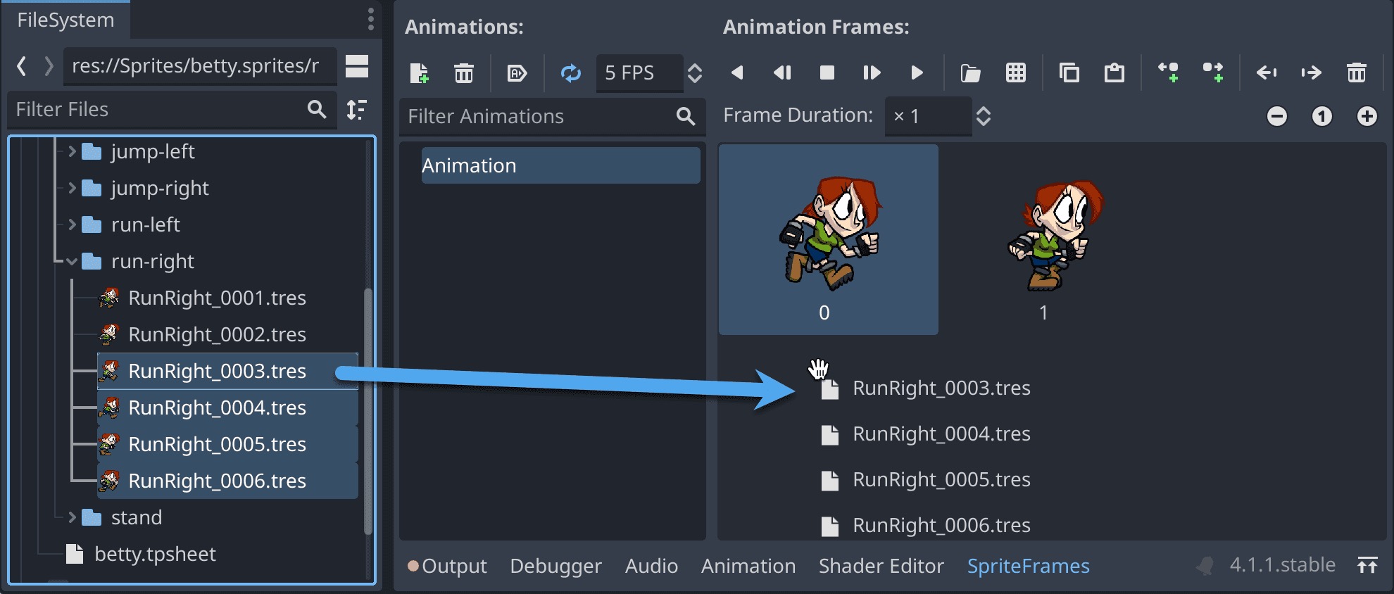 Godot 4 SpriteFrames editor with a character run animation