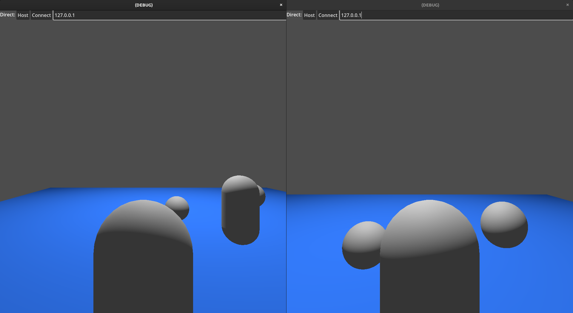 Two Godot game instances running side by side as host and client