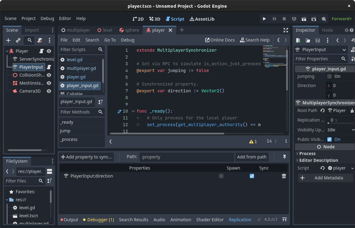 Player input MultiplayerSynchronizer setup for client authority in Godot 4
