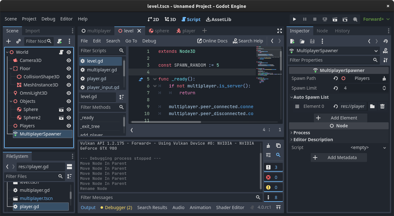 MultiplayerSpawner node in the Godot editor with spawn path and auto spawn list