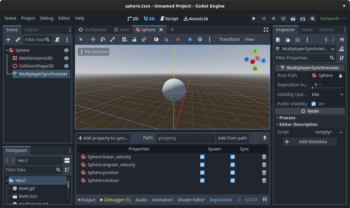 MultiplayerSynchronizer replication panel in the Godot editor with synced properties