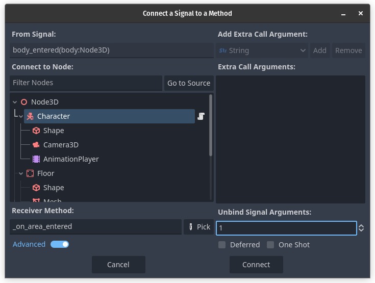 Godot 4 connect dialog for a signal that passes an argument