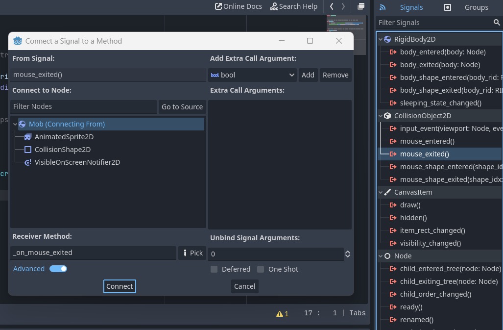 Godot 4 Signals dock and the Connect a Signal to a Method dialog