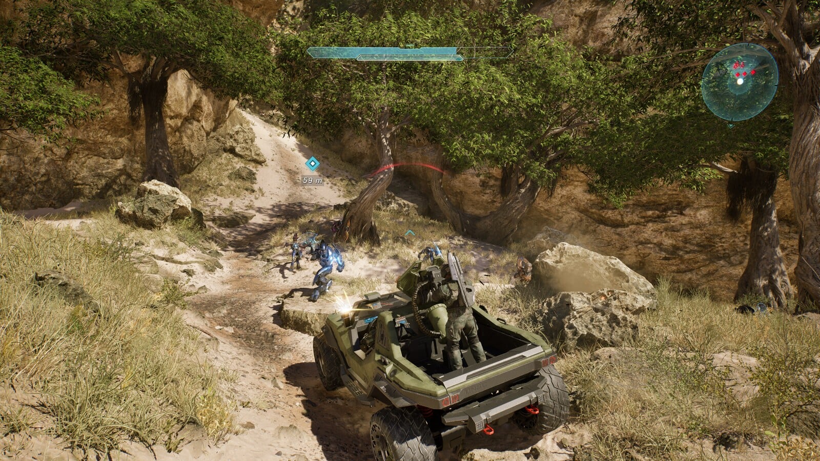 Halo: Campaign Evolved co-op Warthog gameplay with a gunner manning the turret