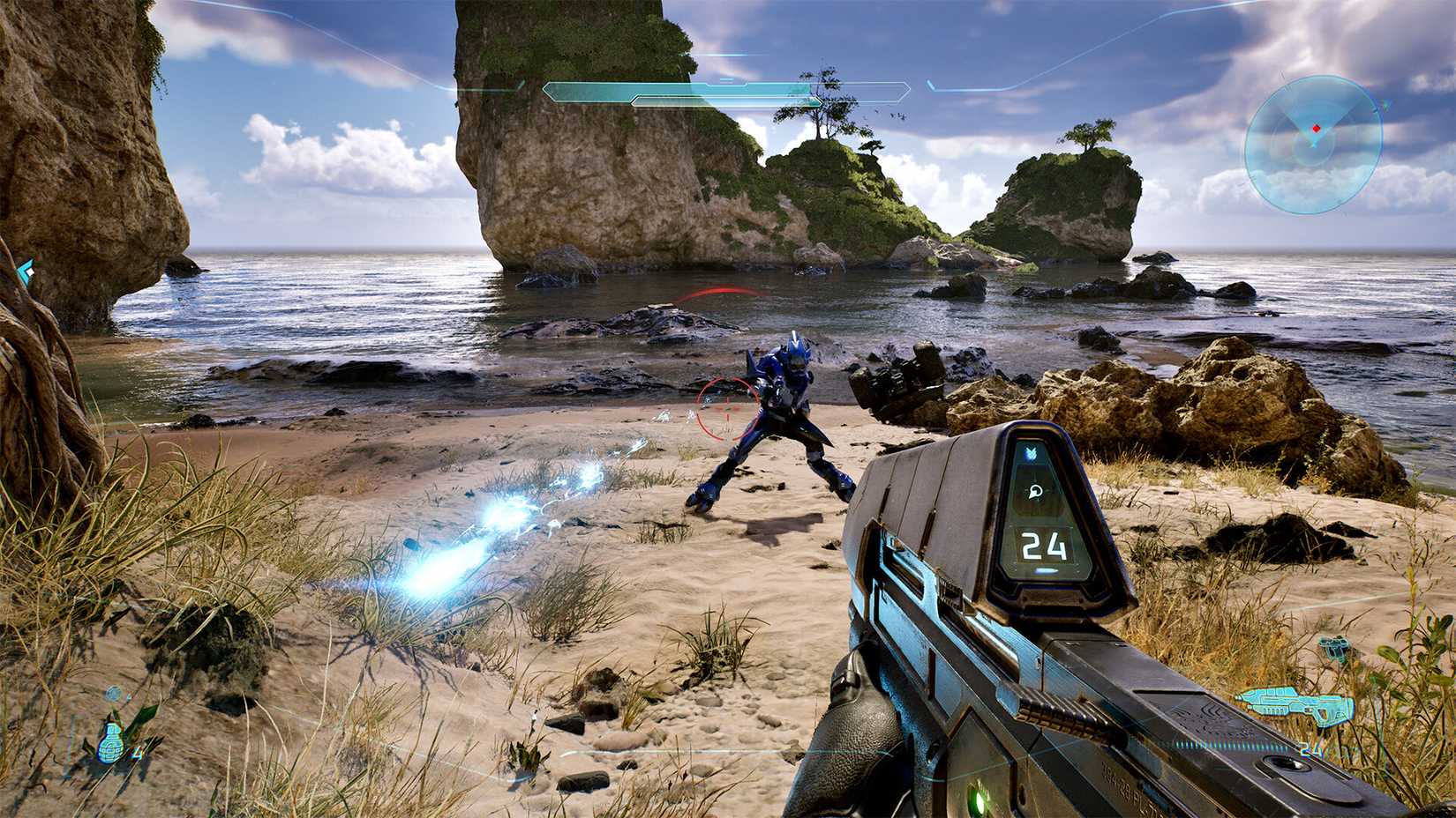 Halo: Campaign Evolved first-person combat against an Elite on the Silent Cartographer beach